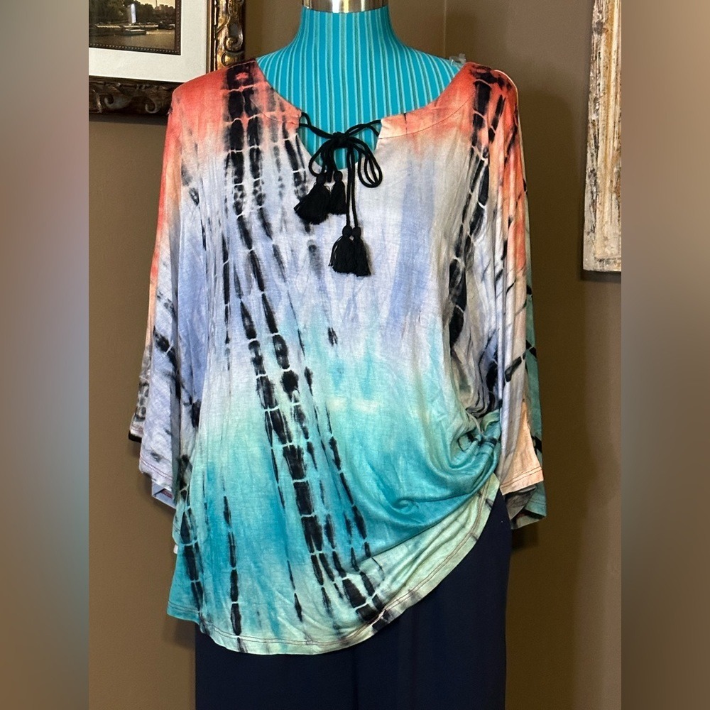 Seven7 Women XL Tie Dye Tassel Lace Up Tunic Top Blue Coral Ombre NEW